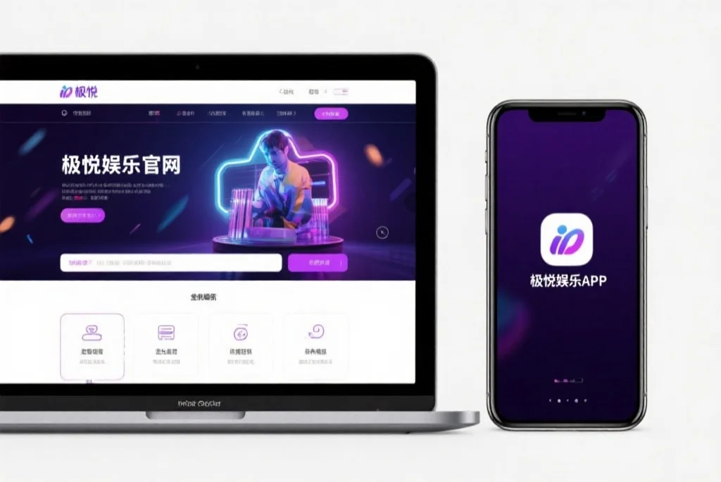 一台笔记本电脑屏幕上显示着运达娱乐官网的界面，旁边是一部手机显示着运达娱乐APP，两者并列对比